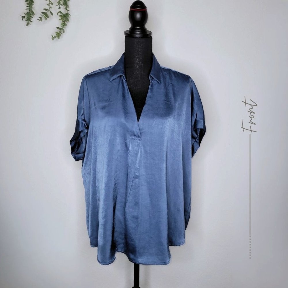 BLUE SATIN V NECK WITH COLLAR POPOVER BLOUSE